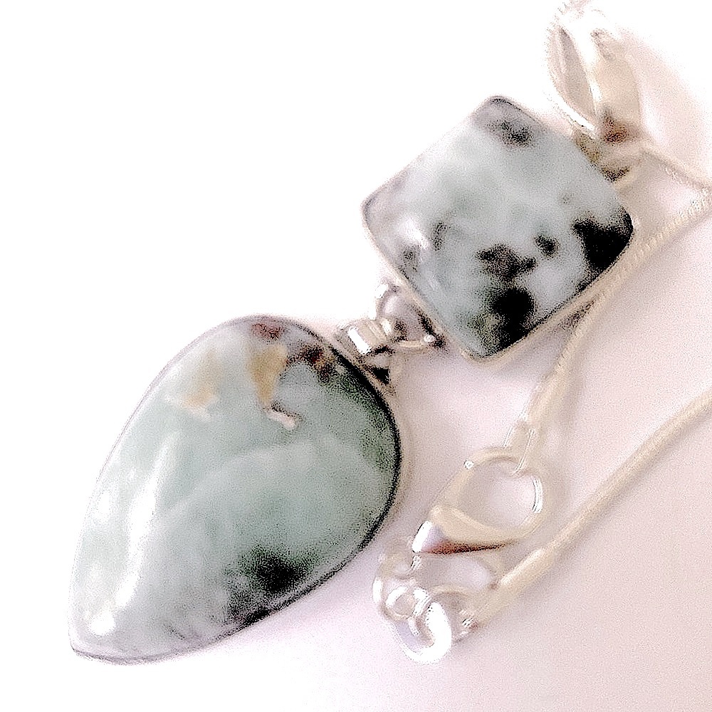 2 1/2 inch , hinged,  2 stone , beautiful Larimar  on silver chain - Picture 2 of 3